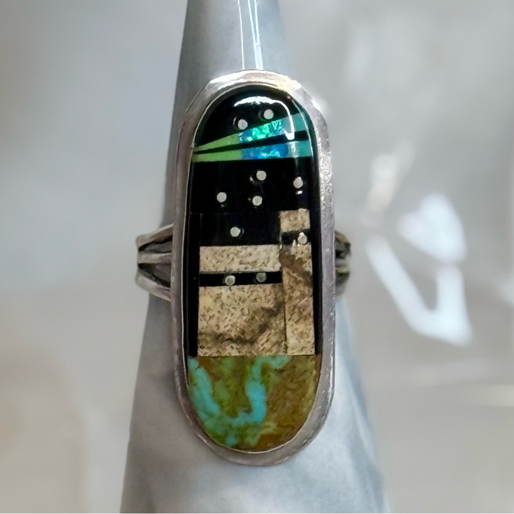 Gilbert Smith Navajo Handmade Pueblo Night Sky Inlay Ring Size 9